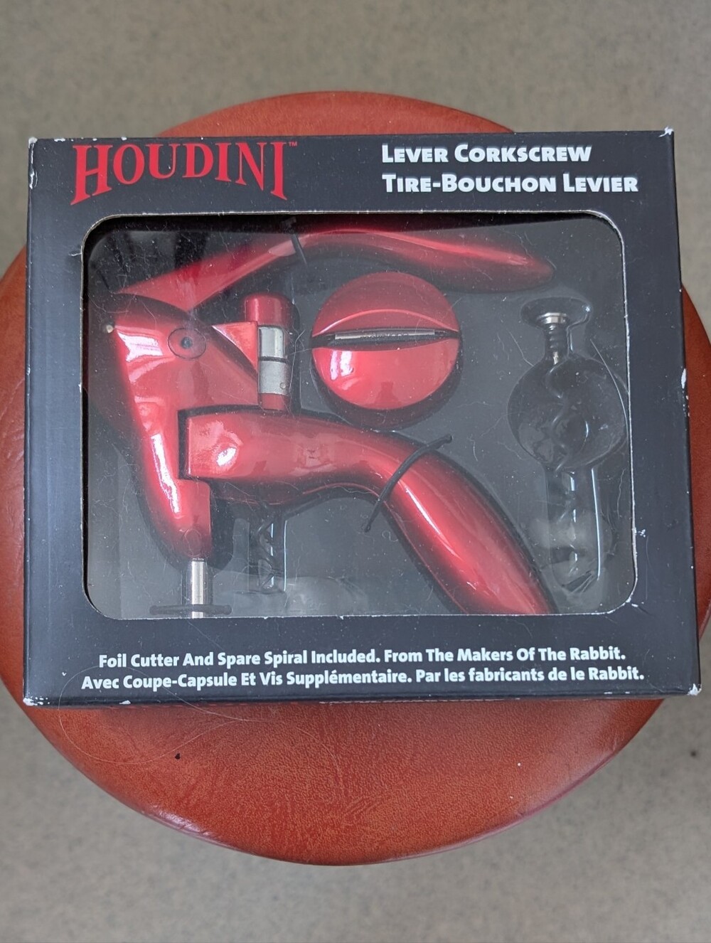 Brand New Houdini Lever Corkscrew Set Metallic Red Wine Opener Foil Cutter Extra
